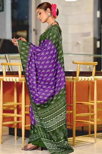 Purple floral print soft pure cotton saree with blouse.