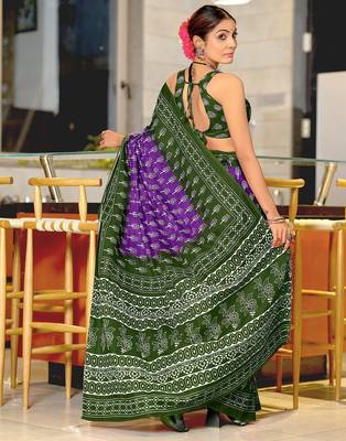 Purple floral print soft pure cotton saree with blouse. 4