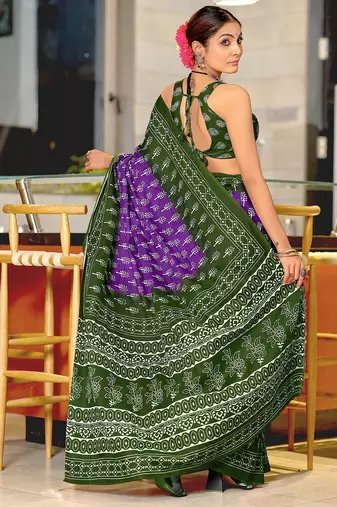 Purple floral print soft pure cotton saree with blouse.