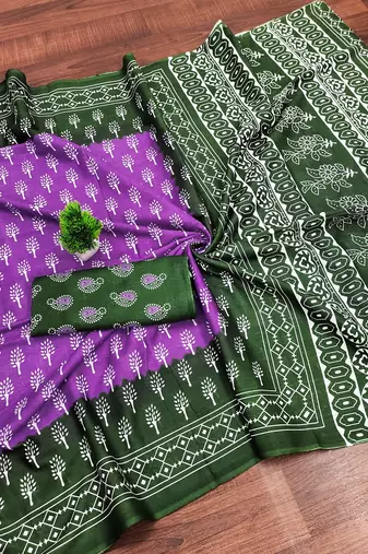 Purple floral print soft pure cotton saree with blouse.