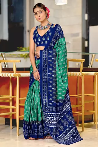 Sea green floral print soft pure cotton saree with blouse.