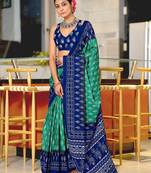 Sea green floral print soft pure cotton saree with blouse.
