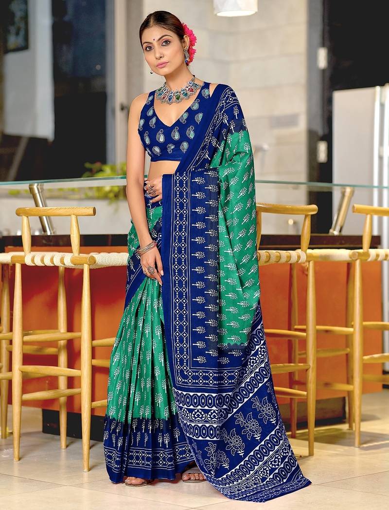 Sea green floral print soft pure cotton saree with blouse.