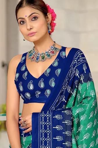 Sea green floral print soft pure cotton saree with blouse.