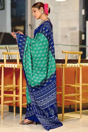 Sea green floral print soft pure cotton saree with blouse.