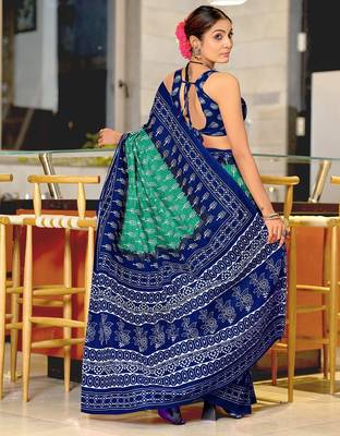 Sea green floral print soft pure cotton saree with blouse. 4