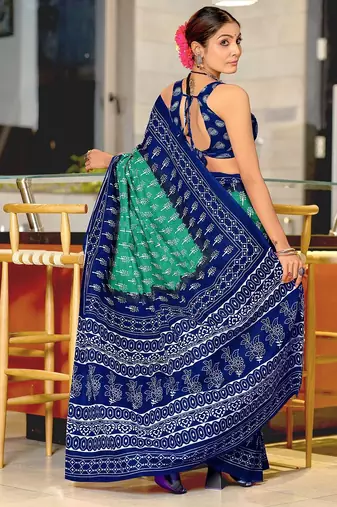 Sea green floral print soft pure cotton saree with blouse.