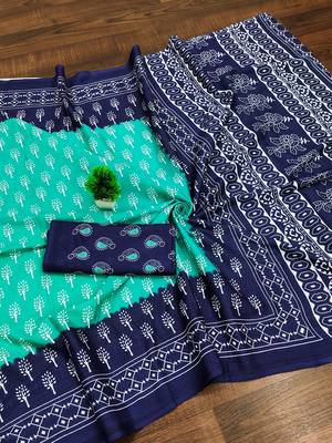 Sea green floral print soft pure cotton saree with blouse. 5