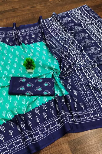 Sea green floral print soft pure cotton saree with blouse.