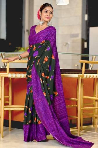 Dark green floral, bandhani print mulmul cotton saree with blouse.