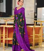 Dark green floral, bandhani print mulmul cotton saree with blouse.