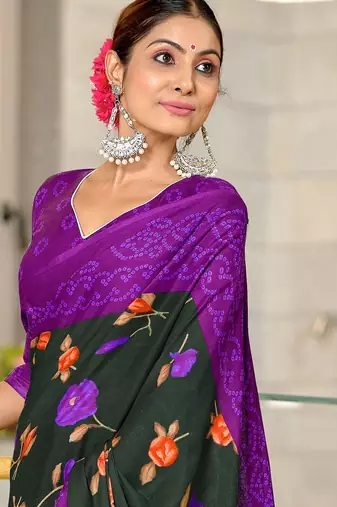 Dark green floral, bandhani print mulmul cotton saree with blouse.