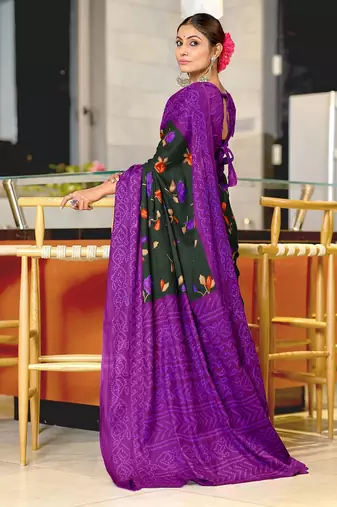 Dark green floral, bandhani print mulmul cotton saree with blouse.