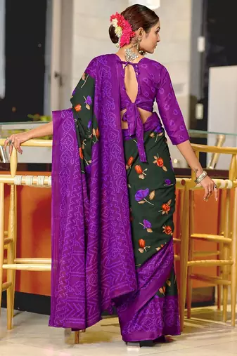 Dark green floral, bandhani print mulmul cotton saree with blouse.