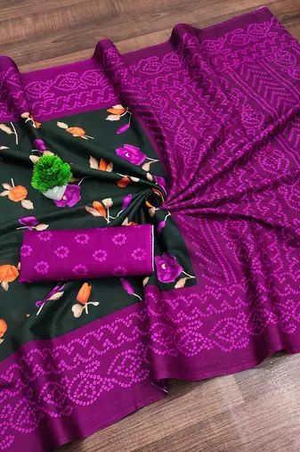 Dark green floral, bandhani print mulmul cotton saree with blouse.