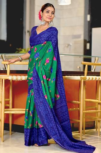 Green floral, bandhani print mulmul cotton saree with blouse.