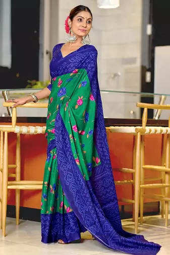 Green floral, bandhani print mulmul cotton saree with blouse.