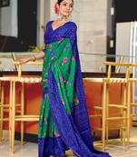 Green floral, bandhani print mulmul cotton saree with blouse.