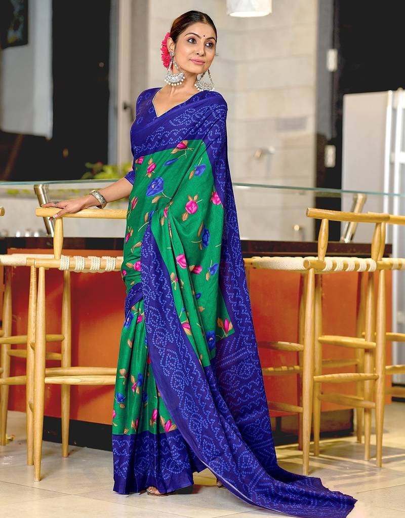 Green floral, bandhani print mulmul cotton saree with blouse.