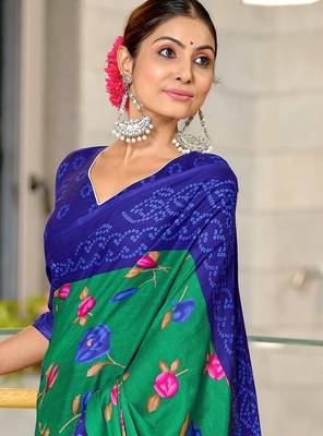 Green floral, bandhani print mulmul cotton saree with blouse. 2