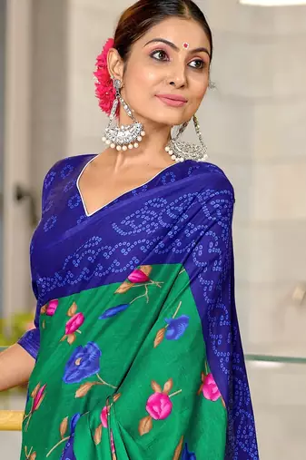 Green floral, bandhani print mulmul cotton saree with blouse.