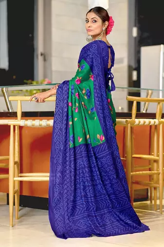 Green floral, bandhani print mulmul cotton saree with blouse.