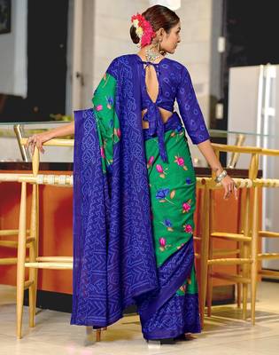 Green floral, bandhani print mulmul cotton saree with blouse. 4
