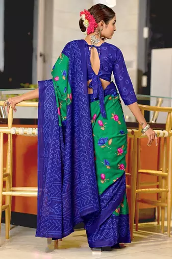 Green floral, bandhani print mulmul cotton saree with blouse.