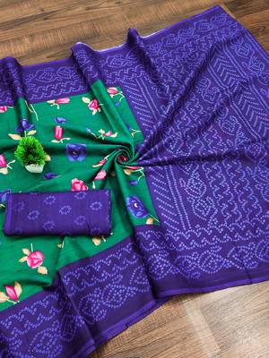 Green floral, bandhani print mulmul cotton saree with blouse. 5