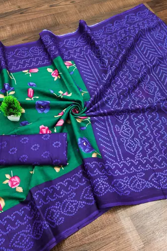 Green floral, bandhani print mulmul cotton saree with blouse.