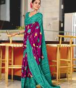 Magenta floral, bandhani print mulmul cotton saree with blouse.