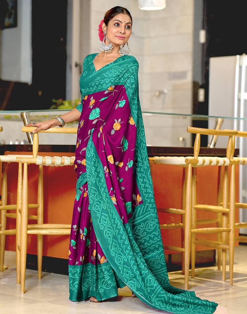Magenta floral, bandhani print mulmul cotton saree with blouse.