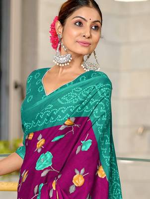 Magenta floral, bandhani print mulmul cotton saree with blouse. 2