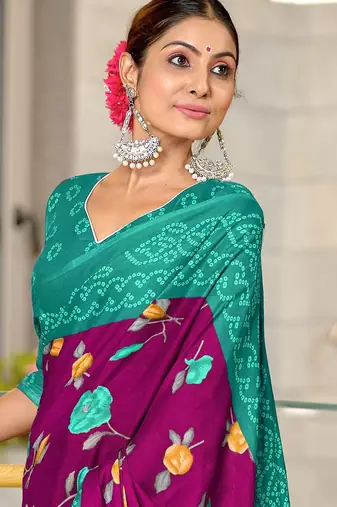 Magenta floral, bandhani print mulmul cotton saree with blouse.