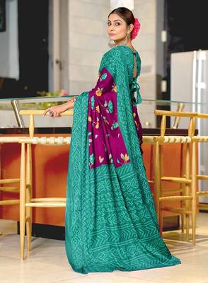 Magenta floral, bandhani print mulmul cotton saree with blouse. 3