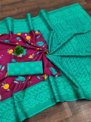 Magenta floral, bandhani print mulmul cotton saree with blouse. 5