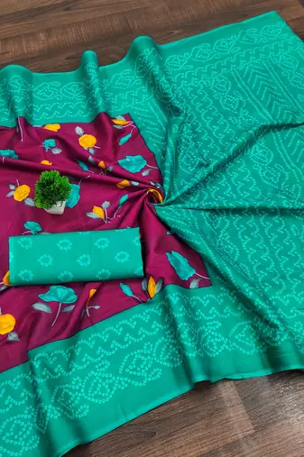 Magenta floral, bandhani print mulmul cotton saree with blouse.