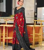 Red floral, bandhani print mulmul cotton saree with blouse.
