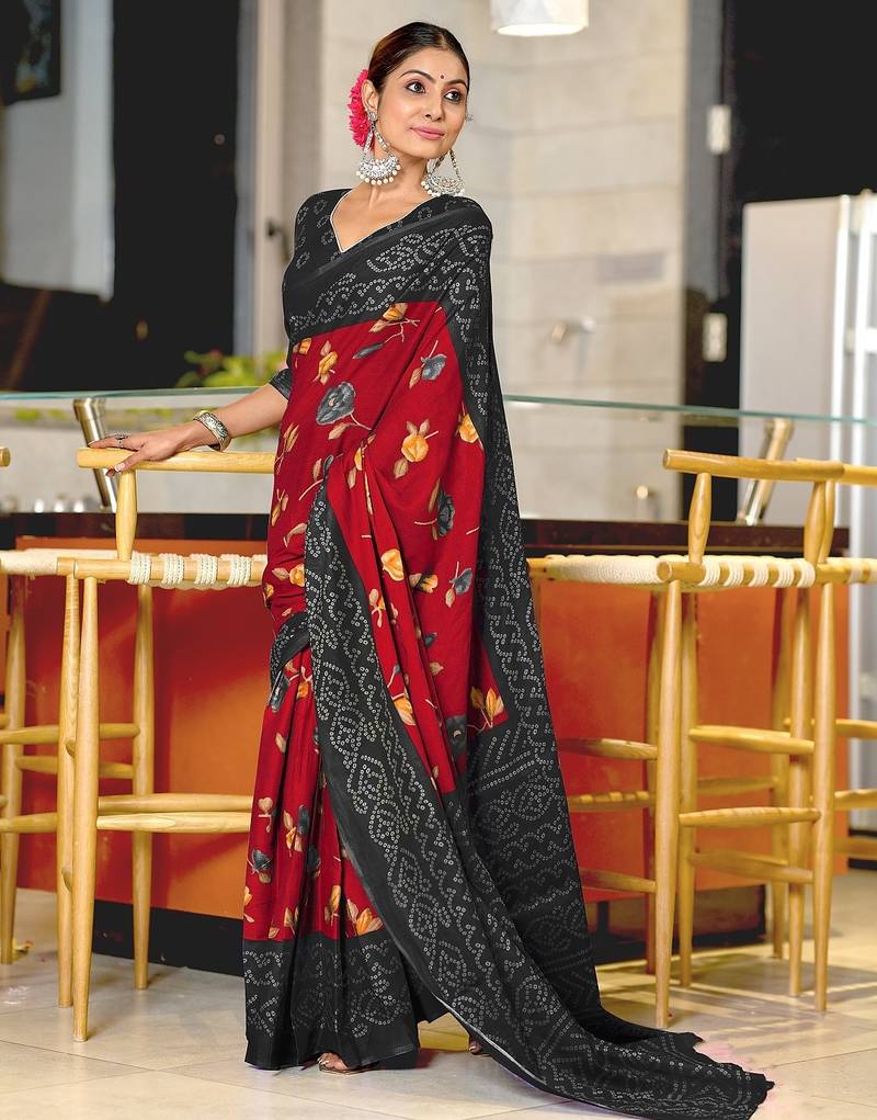 Red floral, bandhani print mulmul cotton saree with blouse.