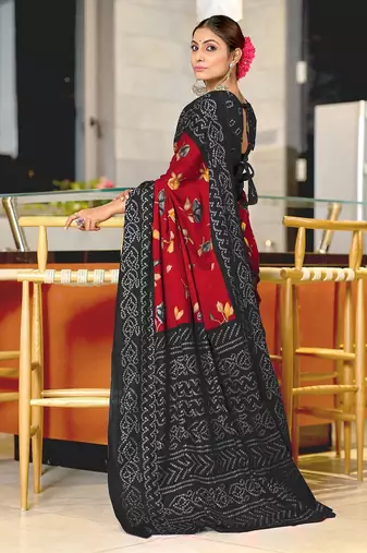 Red floral, bandhani print mulmul cotton saree with blouse.