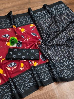 Red floral, bandhani print mulmul cotton saree with blouse. 5