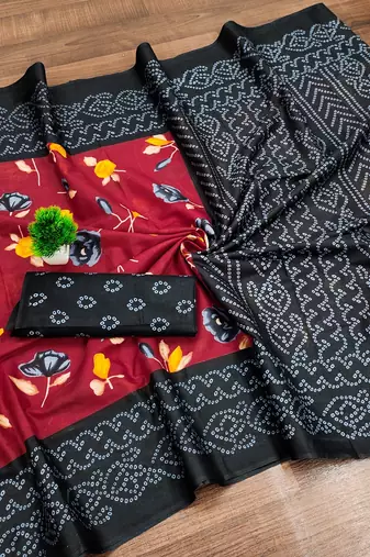 Red floral, bandhani print mulmul cotton saree with blouse.