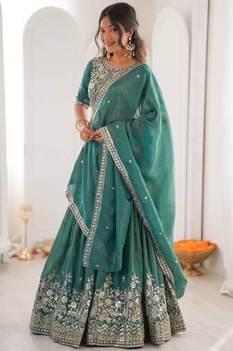 Terrific Sea Green Sequins Silk Mehendi Wear Lehenga Choli With Dupatta