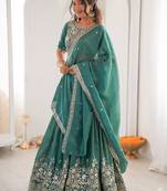 Terrific Sea Green Sequins Silk Mehendi Wear Lehenga Choli With Dupatta