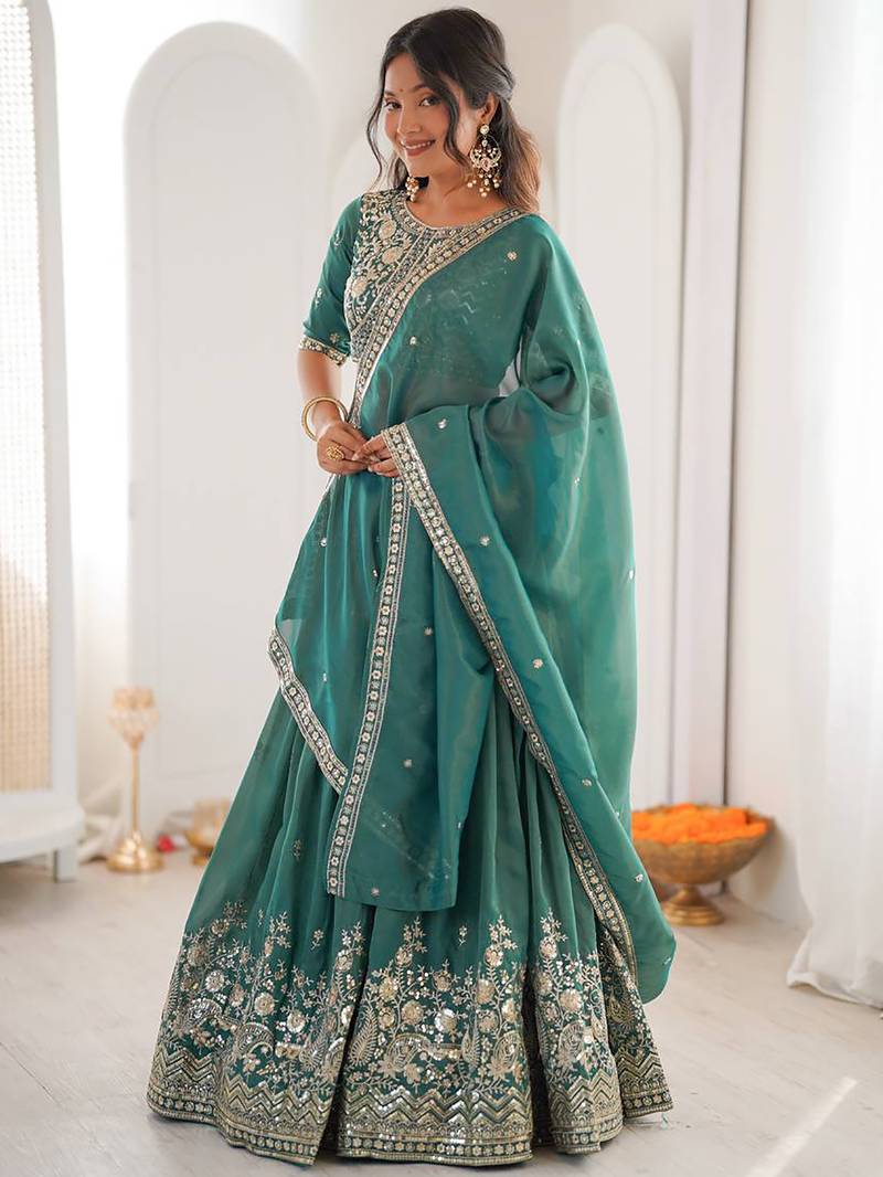 Terrific Sea Green Sequins Silk Mehendi Wear Lehenga Choli With Dupatta