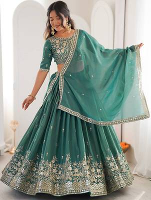 Terrific Sea Green Sequins Silk Mehendi Wear Lehenga Choli With Dupatta 3