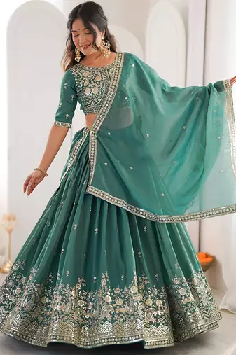Terrific Sea Green Sequins Silk Mehendi Wear Lehenga Choli With Dupatta