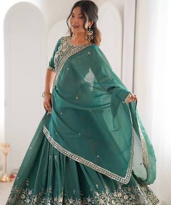 Terrific Sea Green Sequins Silk Mehendi Wear Lehenga Choli With Dupatta 4