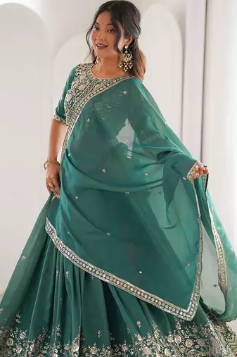 Terrific Sea Green Sequins Silk Mehendi Wear Lehenga Choli With Dupatta