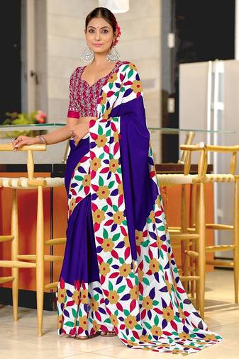 Blue floral print mulmul cotton saree with blouse.